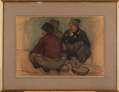 une image représentant un tableau dans lequel on voit trois personnes assises par terre