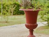 un vase rouge contenant des plantes, posé sur un socle en pierre