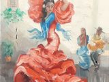 painting of a woman in a red dress dancing in a courtyard