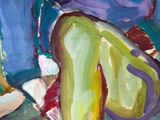 an oil painting of a person sitting on a chair with a plate of food