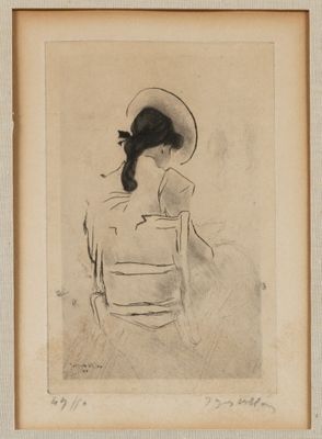 un vieux dessin représentant une femme portant un chapeau et une robe