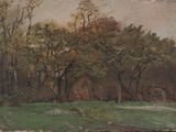 peinture représentant un paysage avec des arbres et un bâtiment en arrière-plan