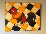 a painting of a rooster standing on a checkered floor