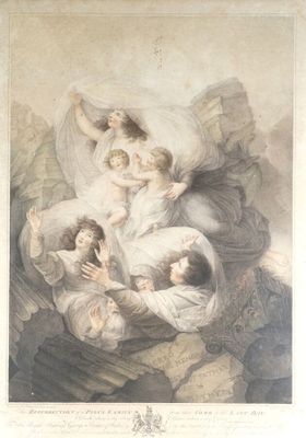 un vieux tableau représentant un groupe de personnes dans un paysage rocheux