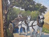 a painting of two horses pulling a carriage down the road