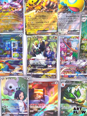a lot of pokemon cards on display on the wall