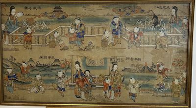 painting of a group of people on a beach with a boat in the background