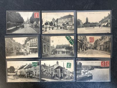 several old black and white photos of a city street