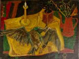 un tableau représentant un oiseau perché sur une table, à côté d'une bougie