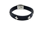 a black leather bracelet with a silver cross on it