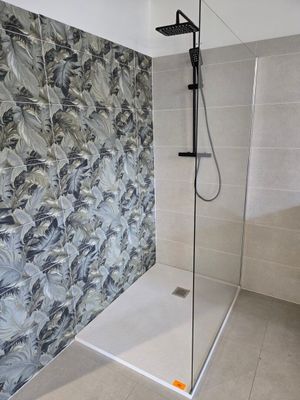 une douche avec une porte en verre dans une salle de bains