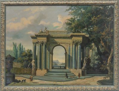 tableau représentant un tableau d'un parc avec une fontaine et un chien