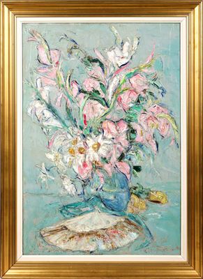 a painting of flowers in a blue vase on a table