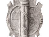 a stone sculpture of a pencil and gear on a white background