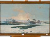 une peinture à l'huile représentant un paysage enneigé avec des arbres au loin