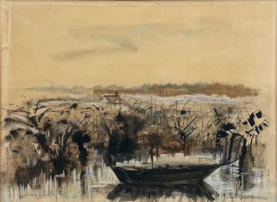 l'image d'une peinture représentant un bateau dans un plan d'eau