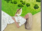 painting of a woman laying on the ground holding a fan