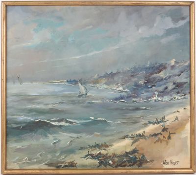 une peinture à l'huile représentant un voilier en mer par temps nuageux