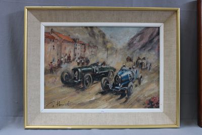 painting of two racing cars on a dirt road in front of a building