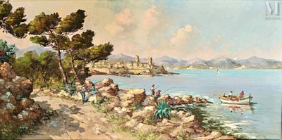 a painting of people on a beach by the water