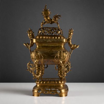 an antique brass urn sitting on a white table with a black background