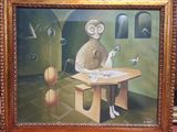 un tableau représentant un homme assis à une table avec un chat