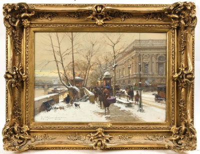 une image représentant une peinture d'une rue de ville où des gens marchent dans la neige
