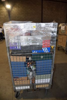 a cart that has many boxes on it in a warehouse