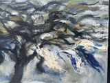 an oil painting of a tree in the middle of a snowy field