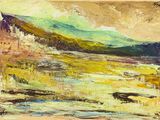 an oil painting of a landscape with a river and mountains in the background
