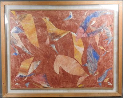 tableau encadré représentant une peinture d'un groupe d'oiseaux sur fond rouge
