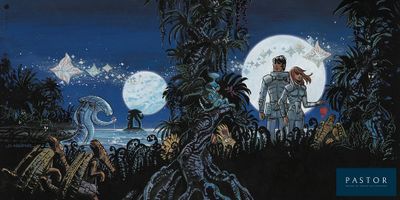 une image représentant un tableau où l'on voit un groupe de personnes dans une forêt, la nuit