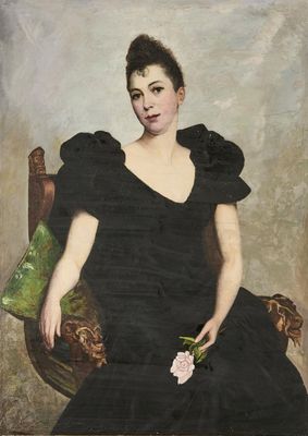 tableau représentant une femme en robe noire assise sur une chaise