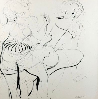 dessin représentant une femme assise sur une chaise, un enfant sur les genoux
