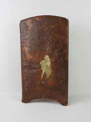 brown leather case with a picture of a woman on it