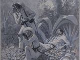 painting of two men with guns in a wooded area