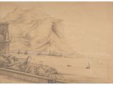 an image of a drawing of a view of a mountain and a body of water