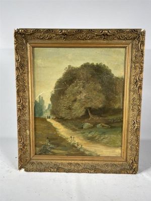 une peinture à l'huile représentant un arbre et un chemin dans un champ