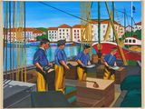 un tableau représentant un groupe d'hommes travaillant sur un bateau