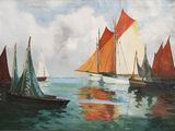 painting of a group of sailboats in a body of water