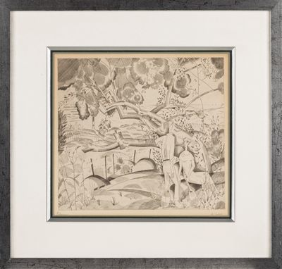une image représentant un dessin d'un homme et d'un chien dans les bois