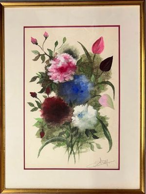 tableau représentant un bouquet de fleurs dans un cadre doré accroché au mur
