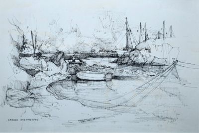 dessin représentant des bateaux dans un port, avec des arbres en arrière-plan