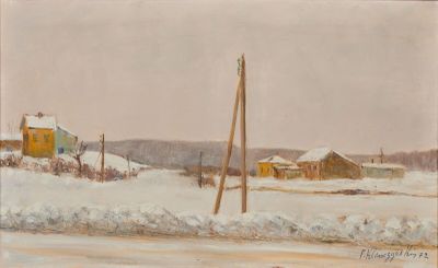 peinture représentant un paysage enneigé avec un poteau téléphonique au premier plan et des maisons à l'arrière-plan