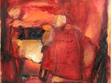 une peinture abstraite représentant une chaise et une chaise dans une pièce