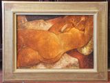 painting of a nude woman laying down on a bed in a wooden frame