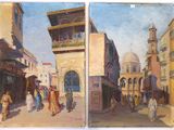 two paintings of people walking down a street in a city