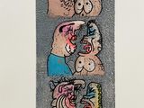 drawing of a group of cartoon characters on a gray background
