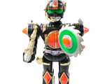 a toy robot that is holding a frisbee in his hand