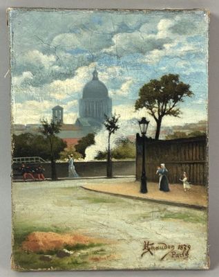 an old painting of a city street with a building in the background